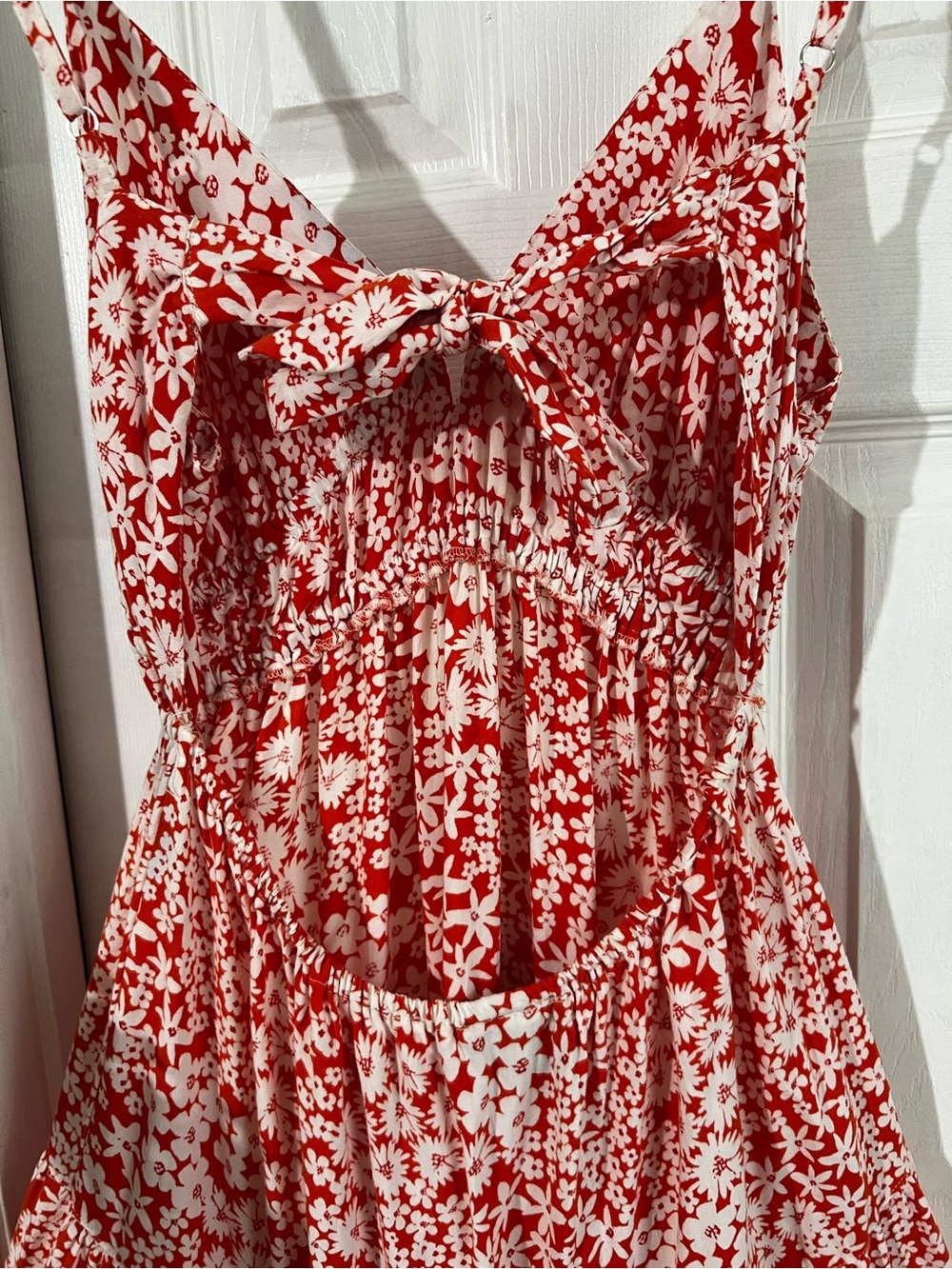 Angie Red and White Floral Smocked Maxi Dress - Picture 4 of 5